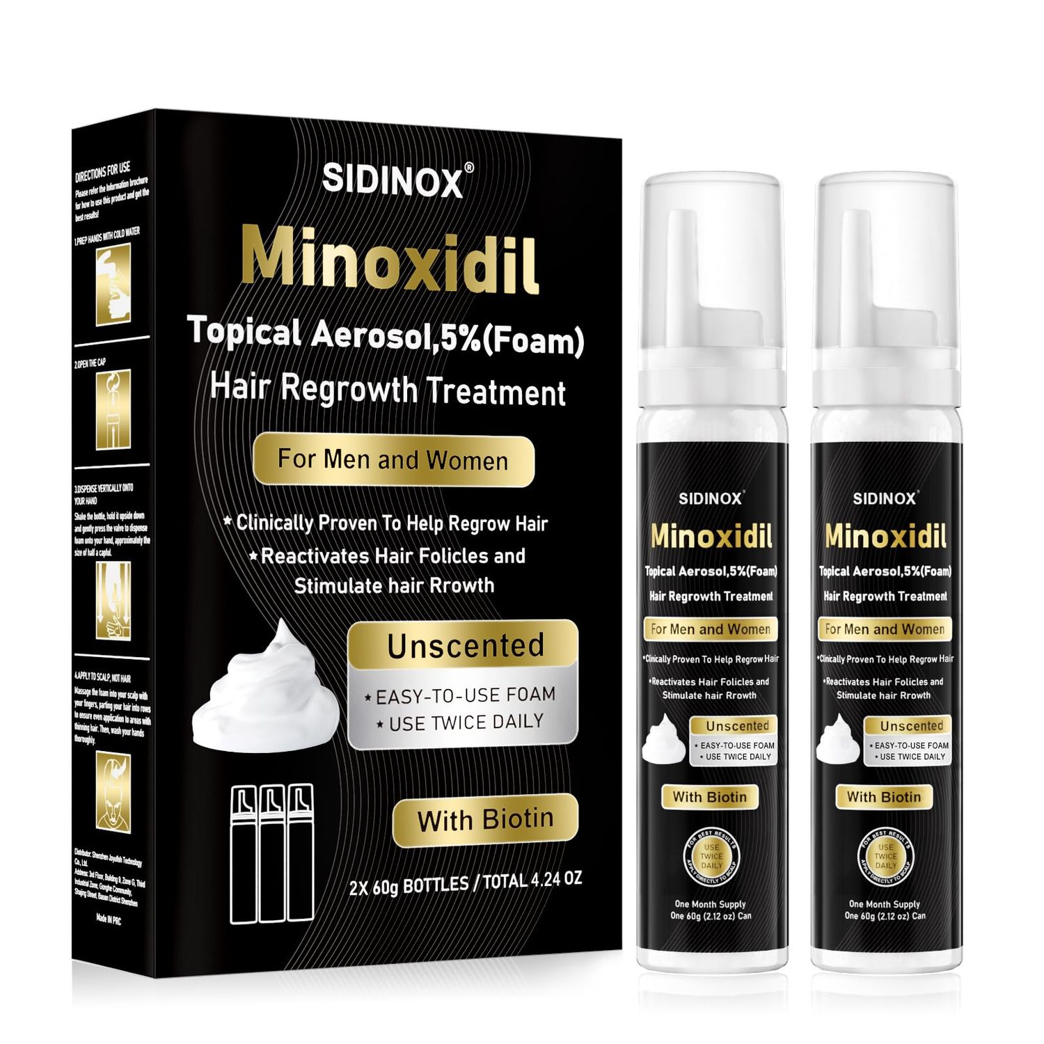 5 Minoxidil Foam, Topical Minoxidil Foam, Minoxidil for Men and Women, Infused with Biotin, Hair Growth Treatment, Supports Thicker and Fuller Hair and Beard (2 x 2.12 oz, 2 Month Supply)