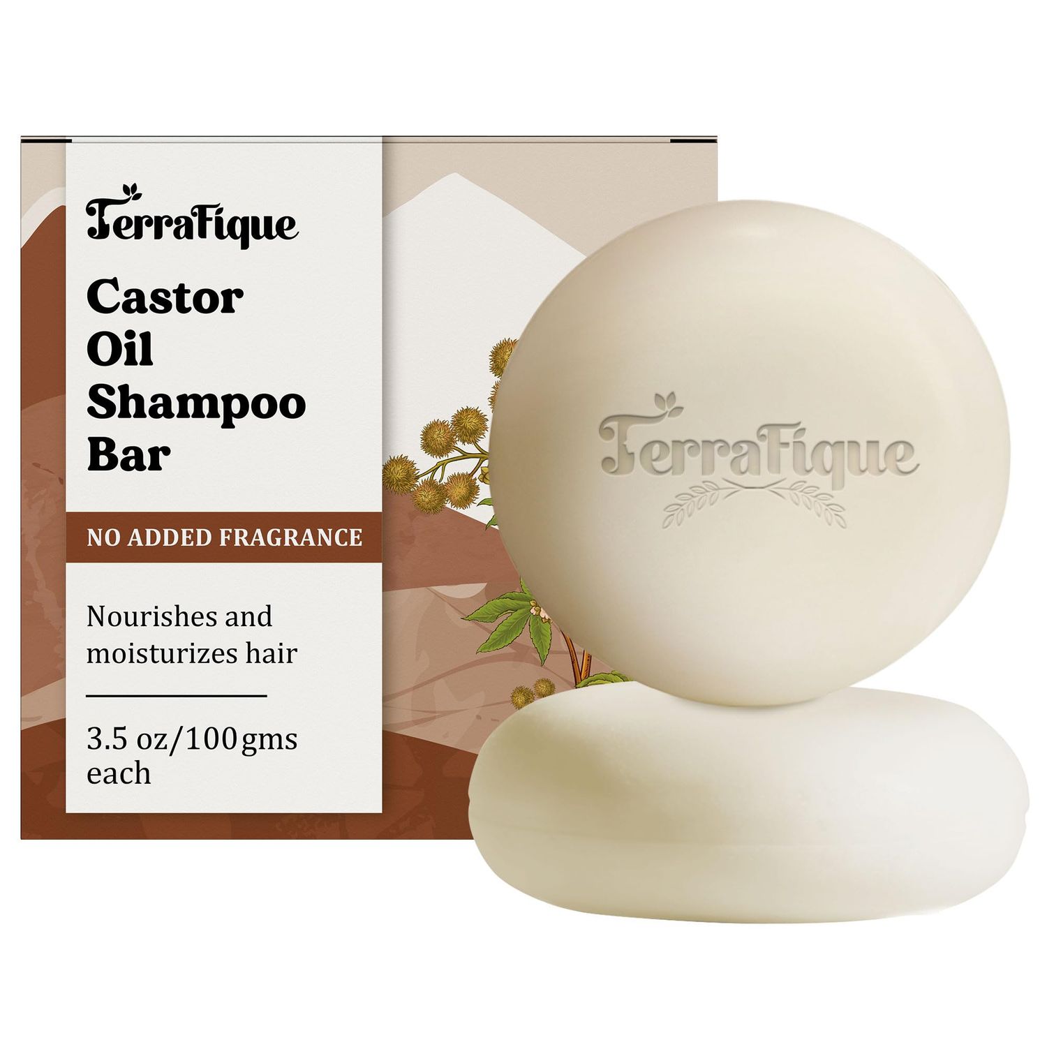 Terrafique Castor Oil Shampoo Bar - No Added Fragrance - Solid Shampoo for Thinning Hair - Men and Women - 3.5 Oz - Pack of 2