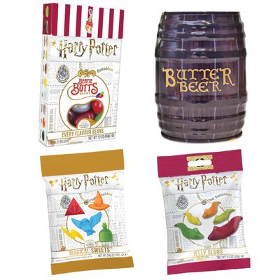 Jelly Belly Harry Potter&#39;s Favorites, Gift Pack of 4 (Butterbeer Barrel Tin, Bertie Bott&#39;s Every Flavour Jelly Beans, Jelly Slugs Chewy Candy Magical Sweets)