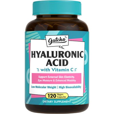 Gutcha Hyaluronic Acid, Ultra Strength with Vitamin C, Low Molecular Weight, High Stability Bioavailability, Anti-Aging Formula for Skin Eyes, Vegan, Once Daily, Non-GMO, 120 Caps