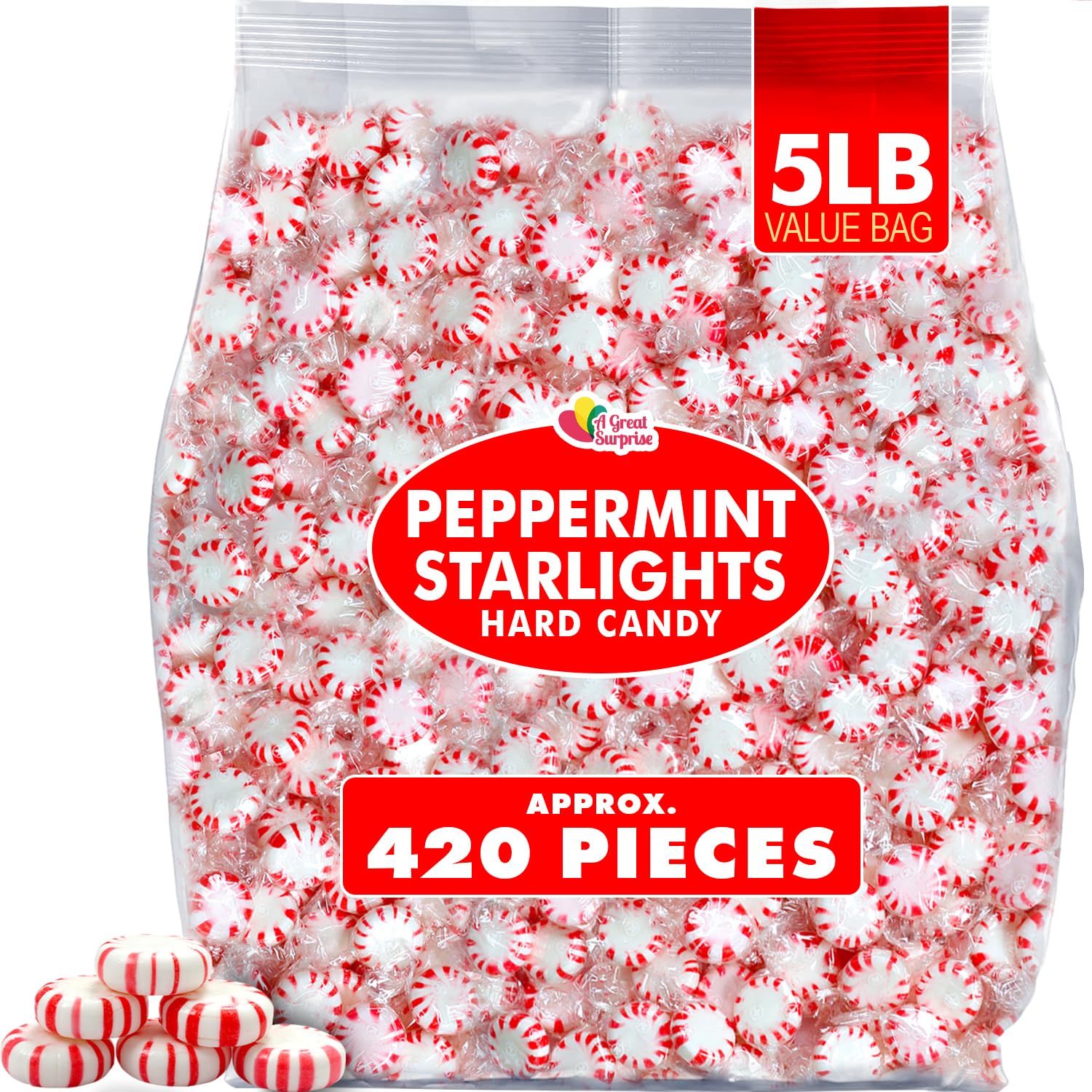 Starlight Peppermint Candy - 5 lb Bulk Bag - Red White Peppermint Hard Candy - Individually Wrapped Mints for Office Candy Bowls