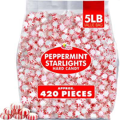 Starlight Peppermint Candy - 5 lb Bulk Bag - Red White Peppermint Hard Candy - Individually Wrapped Mints for Office Candy Bowls