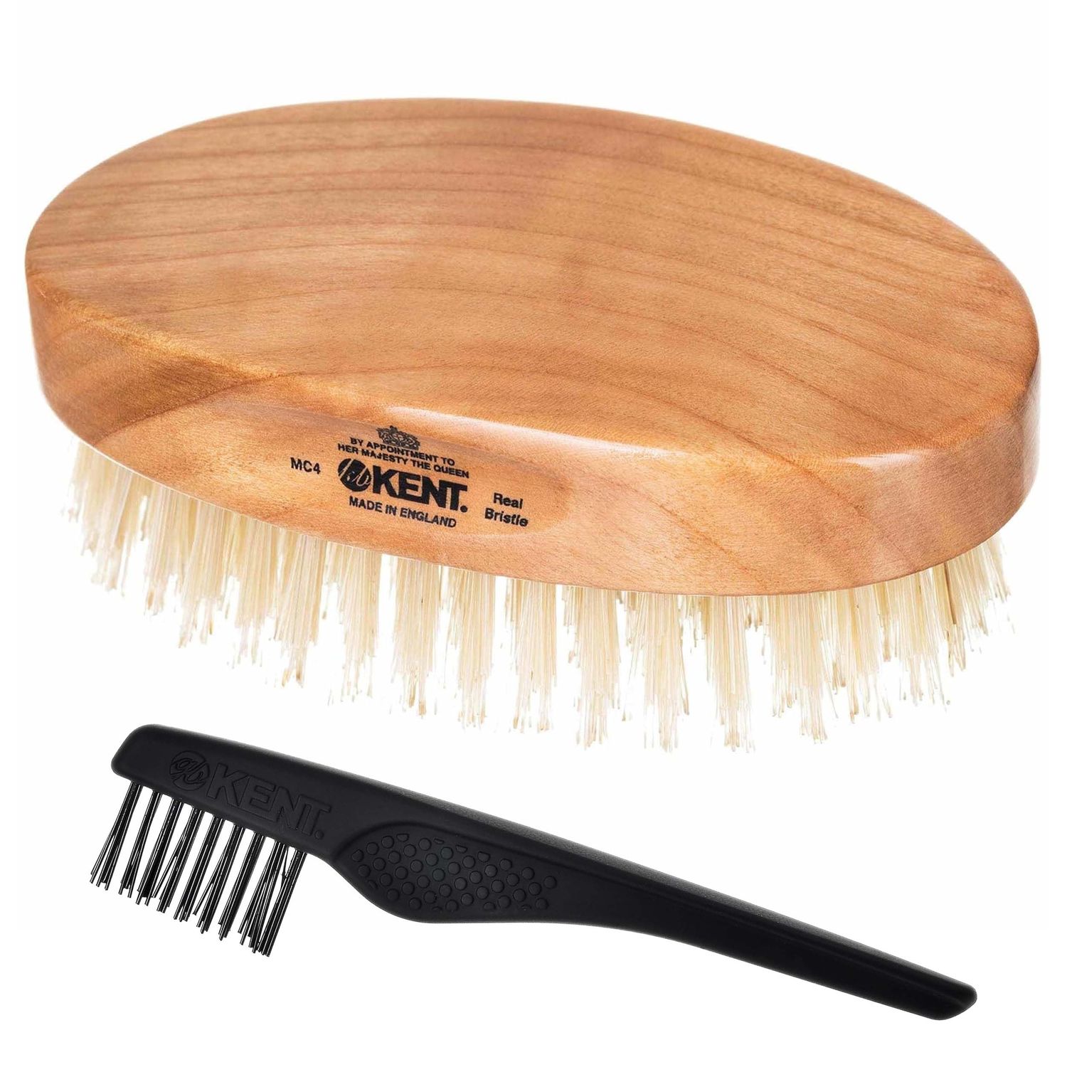 Kent MC4 Men&#39;s Hair and Beard Brush Kit: Exfoliating Natural Boar Bristle Hair Brush, Cherrywood Base with Firm Bristles for Coarse Hair Types - LPC3 Brush Cleaner - Premium Grooming Set