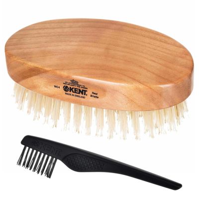 Kent MC4 Men&#39;s Hair and Beard Brush Kit: Exfoliating Natural Boar Bristle Hair Brush, Cherrywood Base with Firm Bristles for Coarse Hair Types - LPC3 Brush Cleaner - Premium Grooming Set