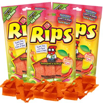 Needzo Rips Licorice Bite Size Candy, Fruit Juice Flavored Fat Free Candies, Edible Cake and Cupcake Toppers for Birthday Parties and Events (Mango Chili)