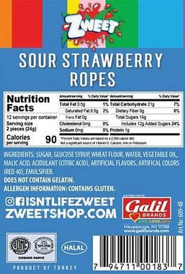 Zweet Sour Strawbery Ropes Candy Ropes 10 Ounce - Sour Kosher Candy, Halal Candy - Resealable Pack of Sour Licorice Ropes, Red Candy