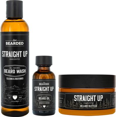 Live Bearded 3-Step Beard Grooming Kit - Wash, Oil and Butter - Made in the USA - All-Natural Ingredients with Shea, Jojoba - Growth Support Straight Up Unscented - Fragrance-Free