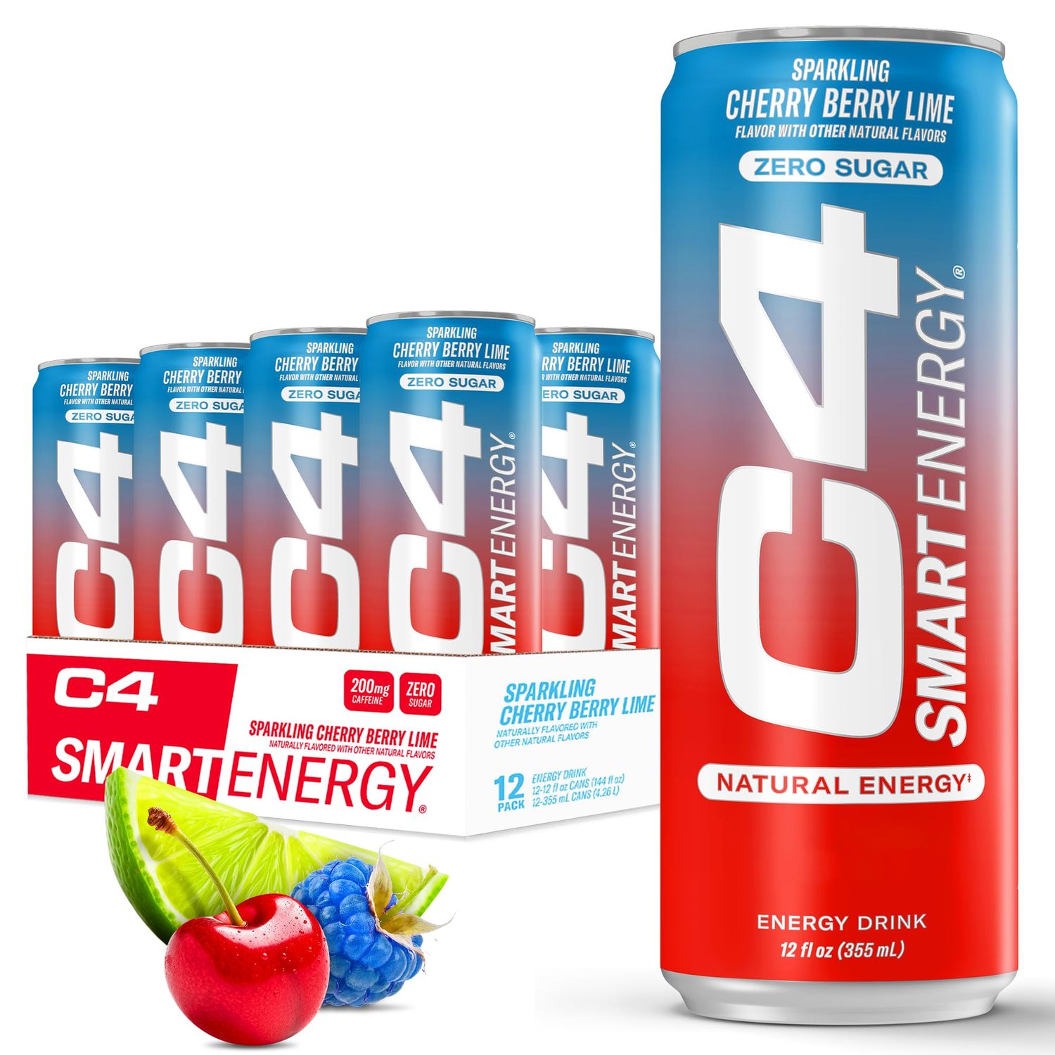 Cellucor C4 Smart Energy Drink - Boost Focus and Energy with Zero Sugar, Natural Energy, and Nootropics - 200mg Caffeine - Cherry Berry Lime (12oz Pack of 12)