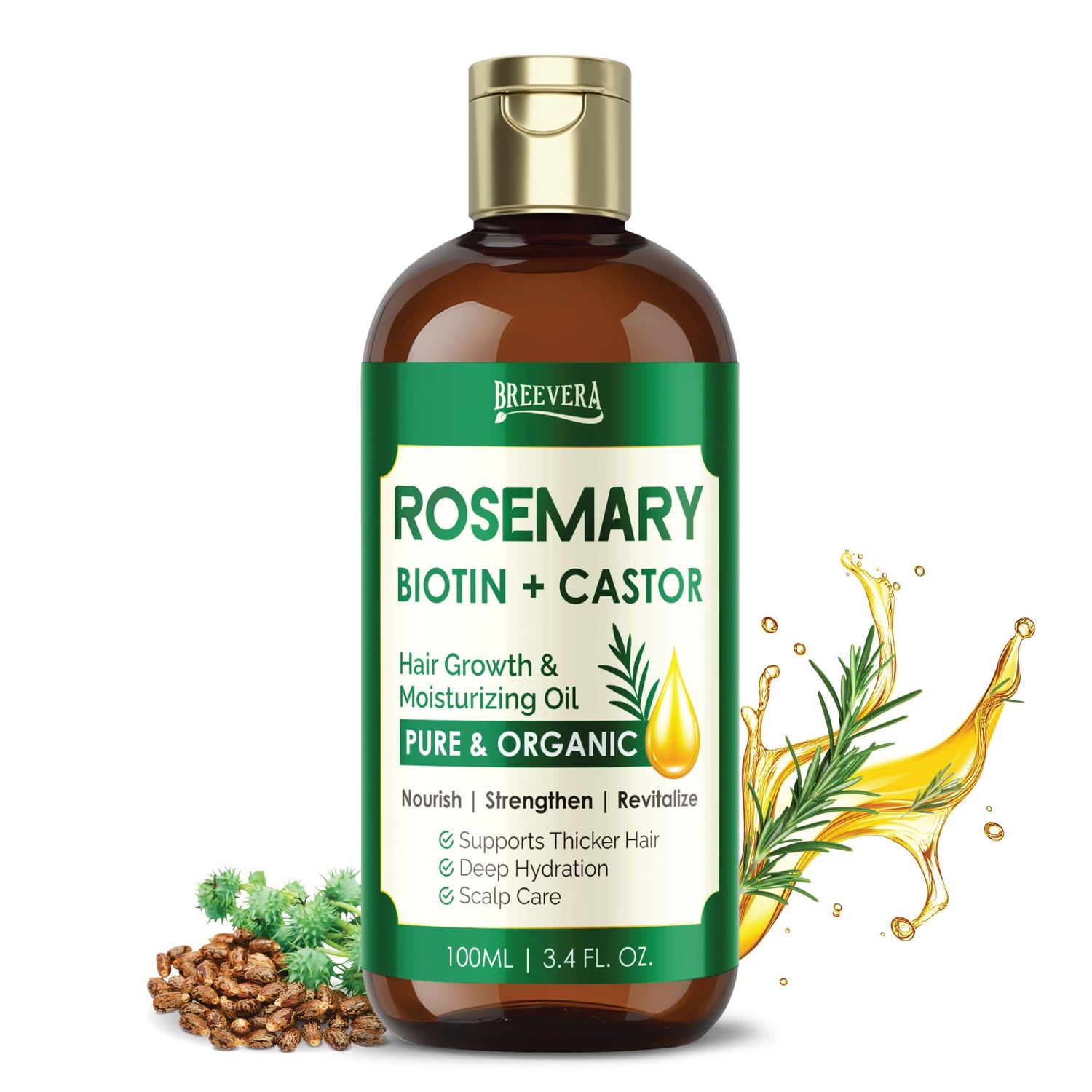 BREEVERA Rosemary, Biotin Castor Oil - Hair Growth Moisturizing Oil, Pure Organic, Nourishes, Strengthens, Hydrates, Supports Thicker Hair Scalp Care, 100ml 3.4 fl. oz.