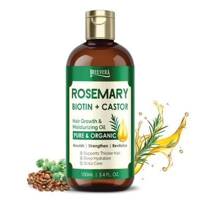 BREEVERA Rosemary, Biotin Castor Oil - Hair Growth Moisturizing Oil, Pure Organic, Nourishes, Strengthens, Hydrates, Supports Thicker Hair Scalp Care, 100ml 3.4 fl. oz.