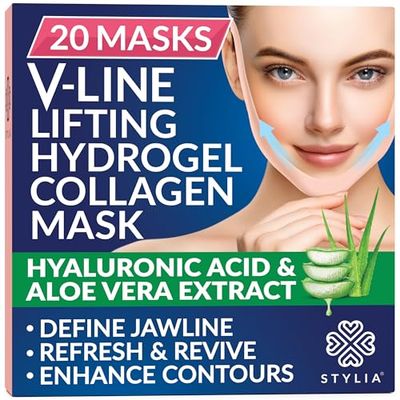 Stylia V Line Lifting Collagen Face Mask - Double Chin Strap for Women - Jawline Shaper Face Lift Tape - Neck Lift Collagen Mask - Chin Strap for Sleeping - Hyaluronic Acid, Aloe Vera, Cica 20PC