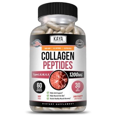 Kaya Naturals Multi Collagen Peptides Complex Powder for Women and Men, Types I, II, III, V X 60 Count Capsules