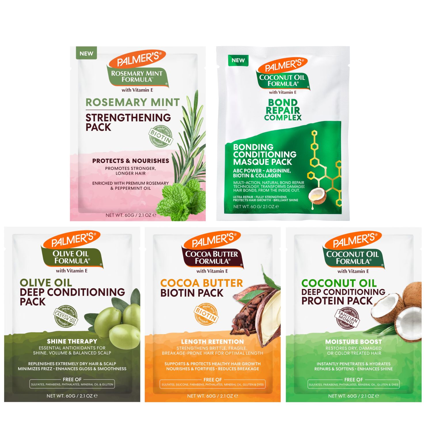 Palmer&#39;s Hair Care Packettes Variety Pack (Pack of 5), Length Retention Biotin, Shine Therapy Deep Conditioner, Amino Bonding Complex Conditioning Masque, Moisture Boost Protein Strengthening Pack