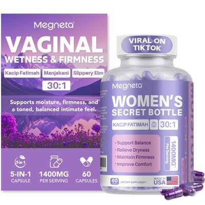MEGNETA Vaginal Moisturizer, Kacip Fatimah 1,000mg Manjakni 200mg for Female Intimate Health, Slippery Elm for Women, Vegan, 60 Capsules