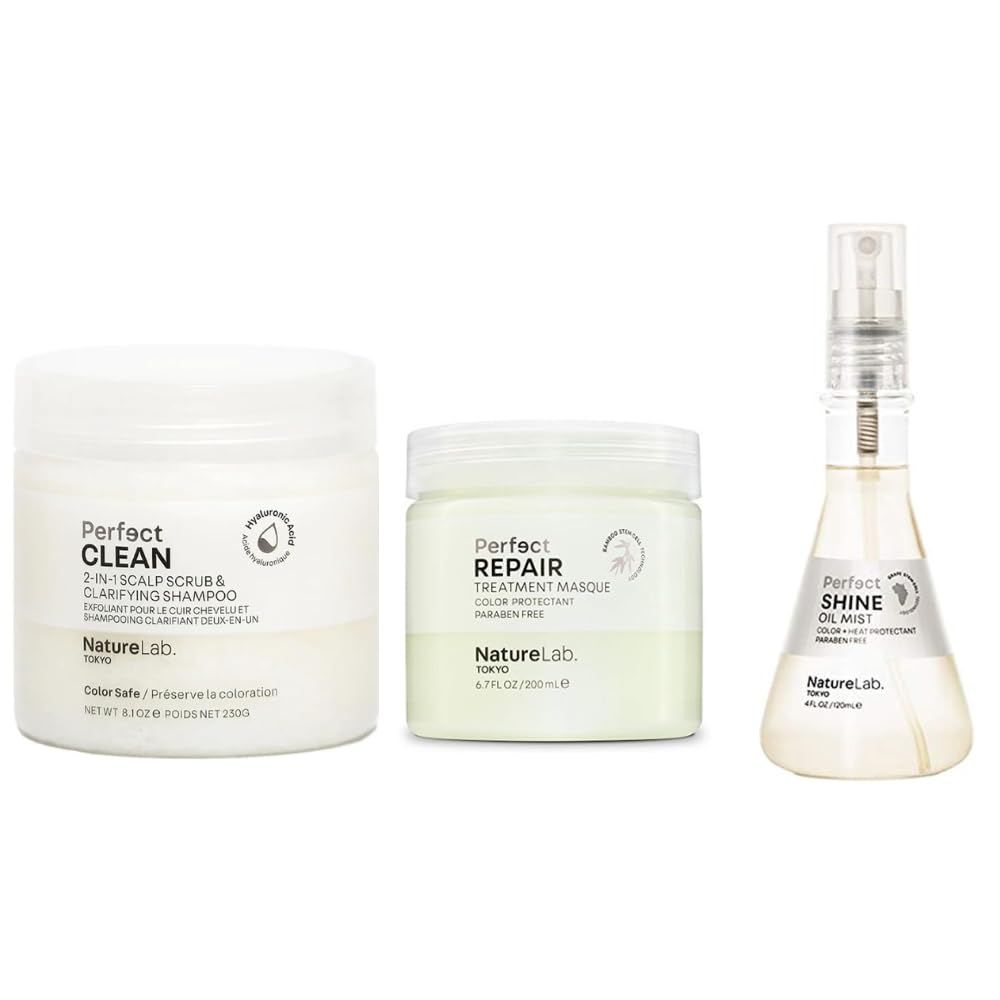 NATURELAB. TOKYO Bundle: Perfect Clean Scalp Scrub 8.1 oz, Perfect Repair Treatment Masque 6.7 oz Perfect Shine Oil Mist 4 oz 63 VALUE