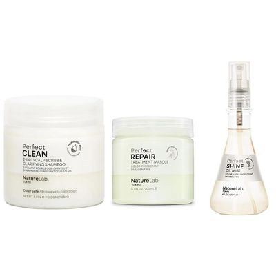 NATURELAB. TOKYO Bundle: Perfect Clean Scalp Scrub 8.1 oz, Perfect Repair Treatment Masque 6.7 oz Perfect Shine Oil Mist 4 oz 63 VALUE