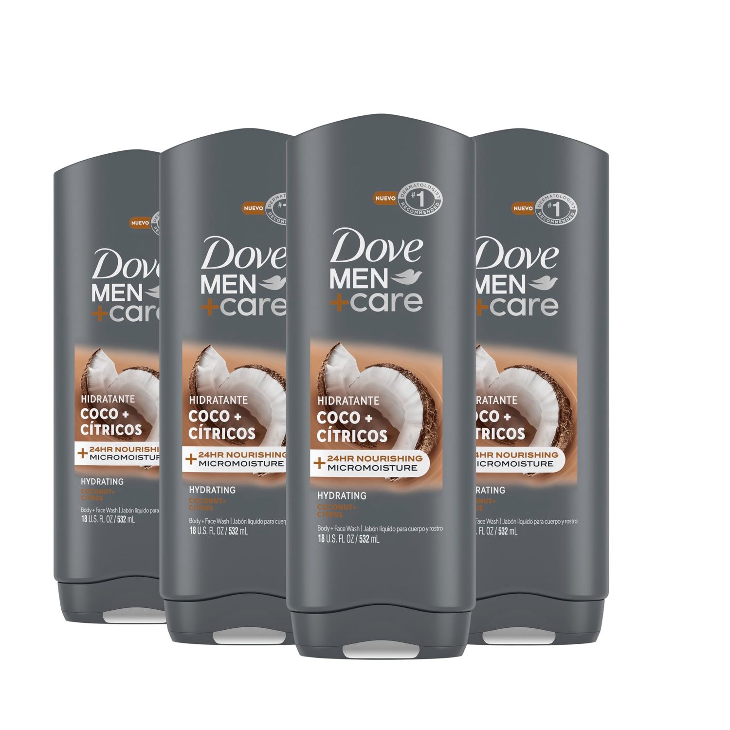 DOVE MEN CARE Hidratante Coco Ctricos Body and Face Wash 4 Count for Hydrated Skin Coconut