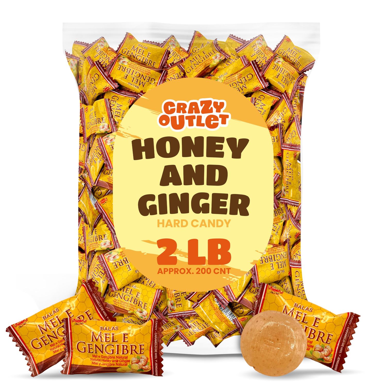 Honey Ginger Hard Candy - 2 Pound Bulk Pack (About 200 Count) - Individually Wrapped