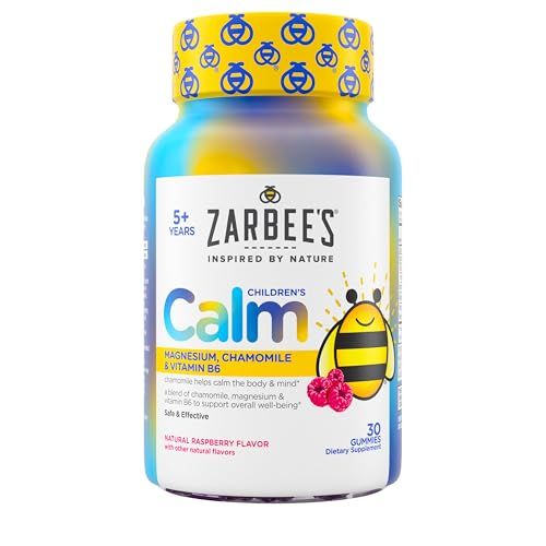 Zarbee&#39;s Children&#39;s Calm Gummy, Supports a Calm Mind Body for Kids Ages 5, Made with Magnesium, Chamomile Vitamin B6, Natural Raspberry Flavor, 30 Count Gummies