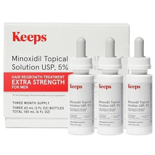 Keeps Extra Strength Minoxidil for Men Topical Hair Growth Serum, 5 Solution Hair Loss Treatment - 3 Month Supply (3 x 2oz Bottles with Dropper) - Slows Hair Loss Promotes Thicker Hair Regrowth