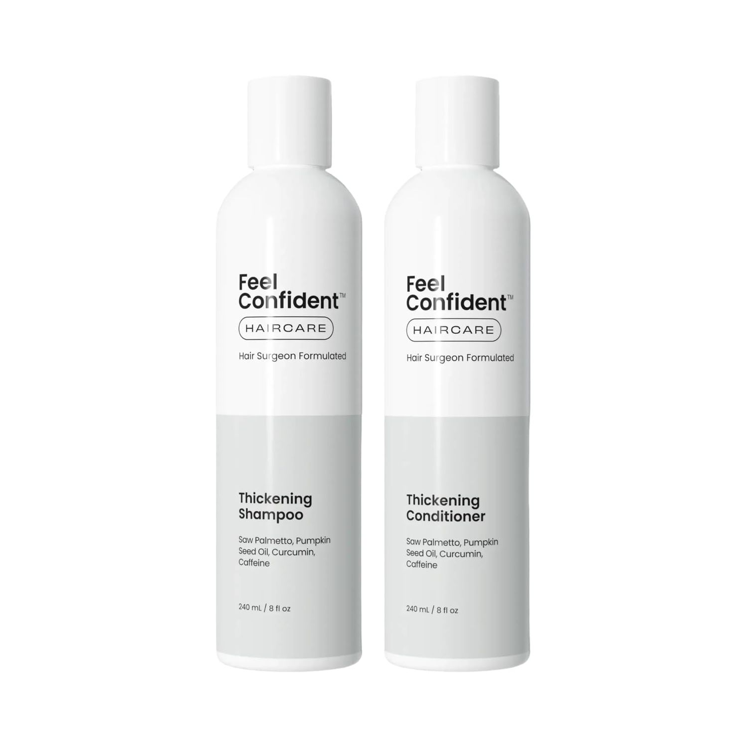 Feel Confident Duo - Thickening Shampoo and Thickening Conditioner. Developed by a hair transplant surgeon to deliver fuller, more resilient, and confident hair.