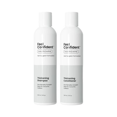 Feel Confident Duo - Thickening Shampoo and Thickening Conditioner. Developed by a hair transplant surgeon to deliver fuller, more resilient, and confident hair.
