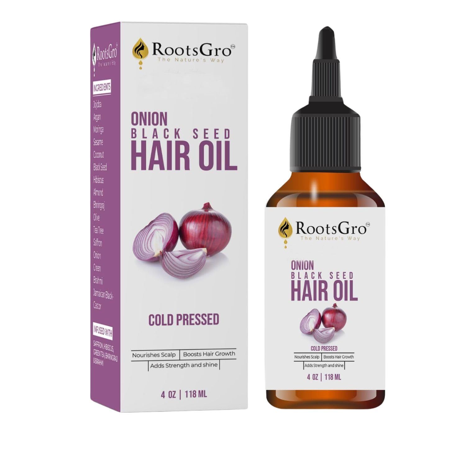 RootsGro Onion Black Seed Oil - Cold Pressed, Potentially Helps to Strengthen Nourishes Hair Scalp - Infused with Onion Seed, Argan, Jojoba, Almond, Moringa, Tea Tree, Coconut Oil - 4oz