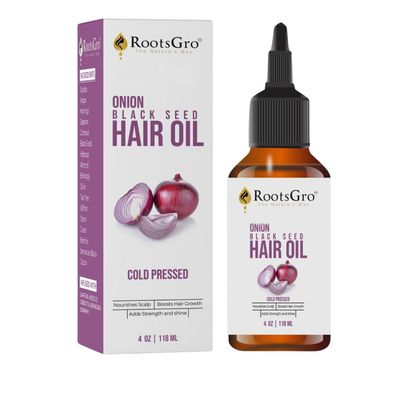 RootsGro Onion Black Seed Oil - Cold Pressed, Potentially Helps to Strengthen Nourishes Hair Scalp - Infused with Onion Seed, Argan, Jojoba, Almond, Moringa, Tea Tree, Coconut Oil - 4oz