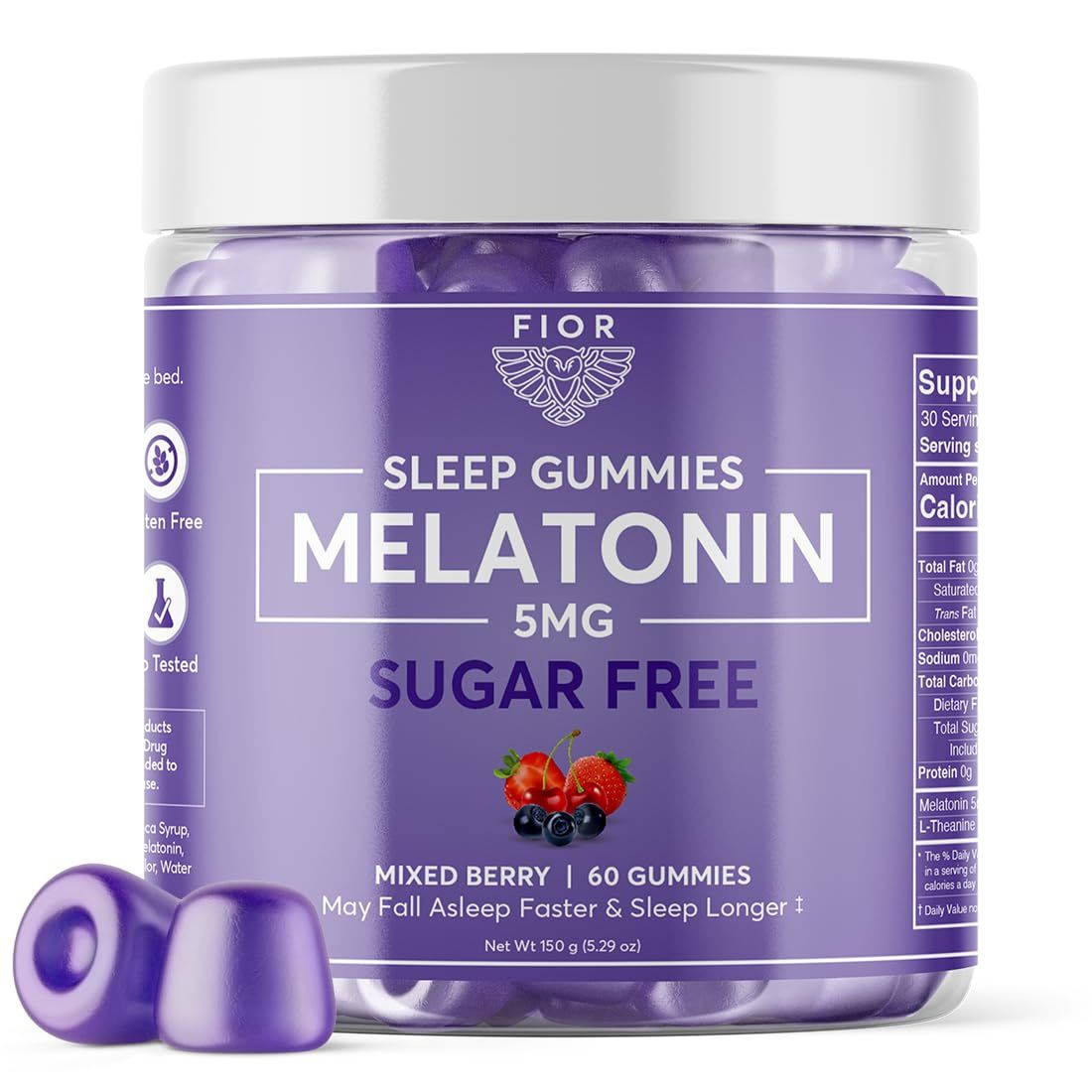 FIOR Sugar Free 60-Count Sleep Aid Calm Gummies, Melatonin Gummies Sleep Aids for Adults Kids. Gummy Vitamins for Sleep. Adults Kids Melatonin L-Theanine Gummies Natural Herbal Sleep Aid.