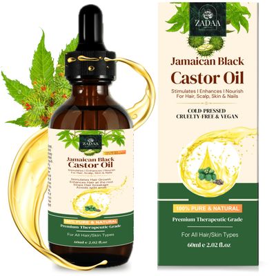 ZADAA Jamaican Black Castor Oil 100 Pure and Organic Cold Pressed -UPGRADED FORMULA For Stimulates HAIR Growth, Nourish SCALP, Hydrates, Enhances EYELASHES, EYEBROWS NAILS