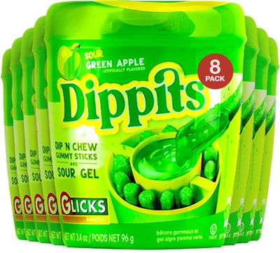 Glicks Dippits Sour Green Apple (8 Pack) Gummy Sticks with Tangy Sour Gel Fun Interactive Candy Sweet Sour Candy Party Favor Kosher
