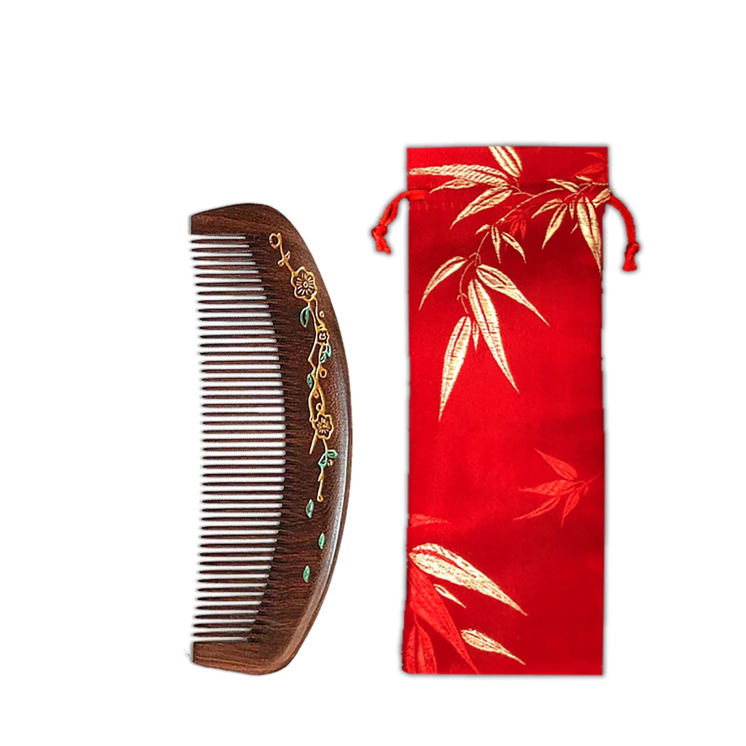 MURTYINL Sandalwood Hair Combs Fine Tooth Handmade Natural Wooden Brush Retro Flower Pattern Hand Drawing Anti-Static Beard Comb Pocket Size Oriental Gift for Men Women Kids with Storage Bags