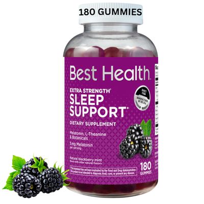 Best Health Extra Strength Melatonin Gummies, 5mg Melatonin per Serving for Sleep Support, with L-Theanine Botanicals, Natural BlackBerry Mint Flavor (180ct)