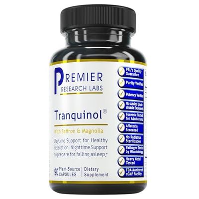 Premier Research Labs Tranquinol Natural Sleep Aid Supplement for Deep Sleep Support and Calm Mind Magnesium, Turmeric, Lemon Balm Saffron Extract - Pure Vegan - 90 Plant-Source Capsules