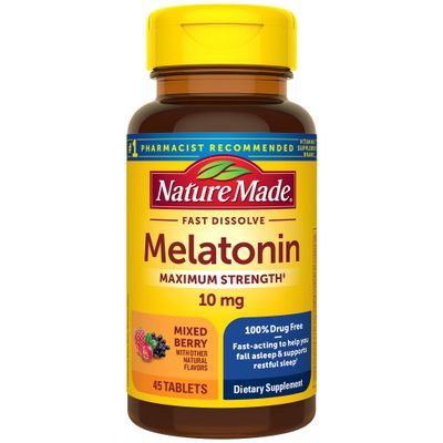 Nature Made Melatonin 10mg Fast Dissolve, Maximum Strength Nighttime Sleep Aid for Adults, 100 Drug-Free, 45 Tablets