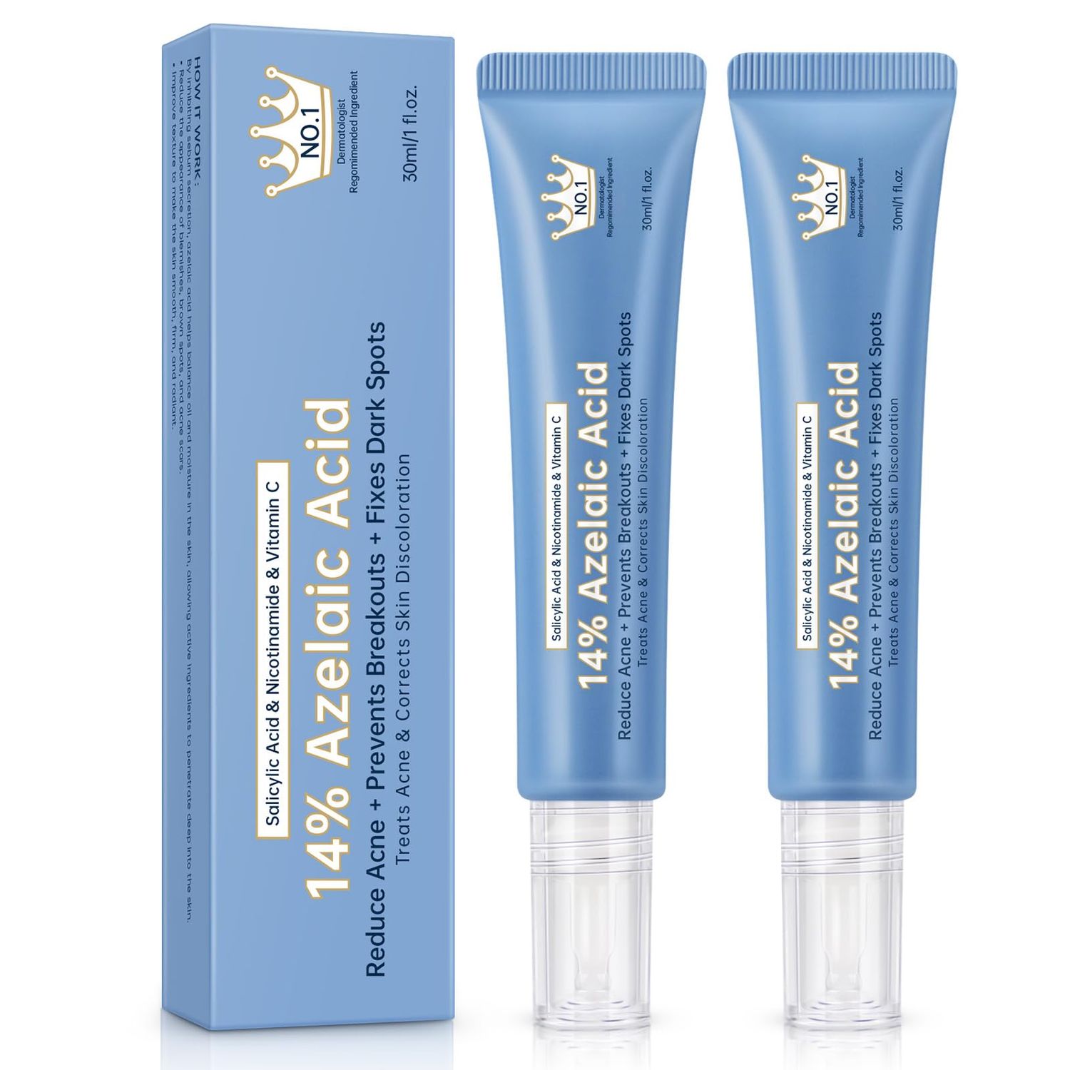 Azelaic Acid 14 Acne Cream for Redness Relief, Dark Spots, Facial Serum with Niacinamide Vitamin C Prevent Acne Breakouts, Azelaic Acid Serum for Balance Excess Sebum Soothe Irritation, 2 Oz.