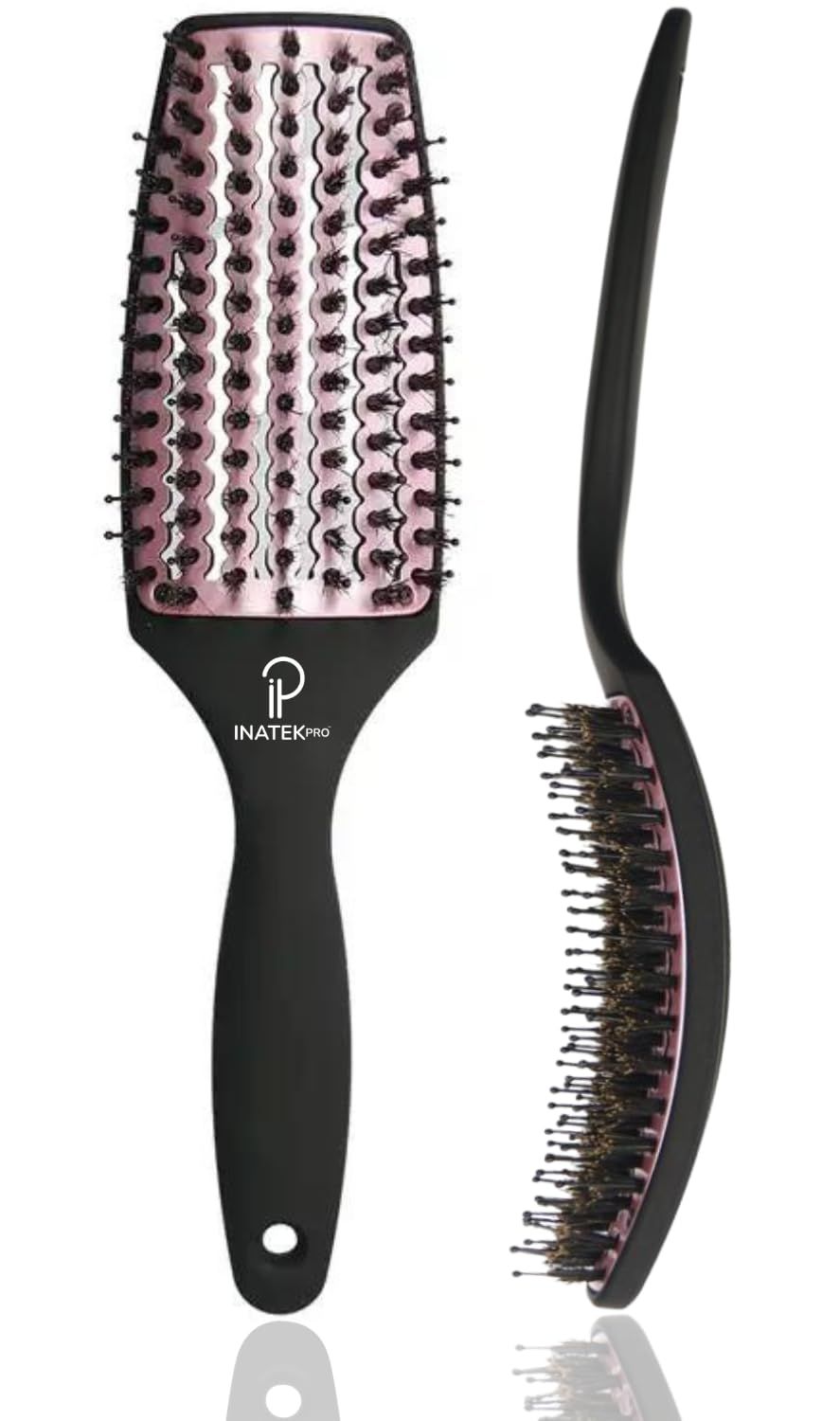 Inatekpro Curved Vented for Blow Drying - Boar Bristle Brush (Medium) with Comfortable Handle - Soft Bristle Brush for Thick and Fine Hair - Natural Boar Bristles for Women, Men Kids - Rose Gold