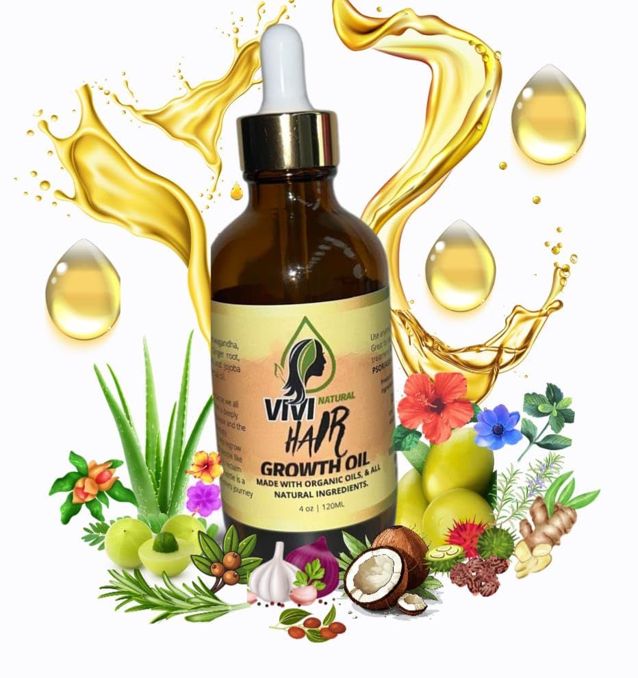 Vivi Natural Hair Growth Oil, 4 oz, 120ML Made with Organic Oils Natural Ingredients. Also great for Dermatitis, psoriasis, eczema and Hair bumps.