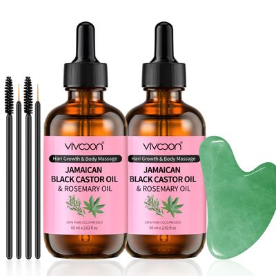 Vivccon Jamaican Castor Oil Rosemary Oil 2 Packs with Gua Sha Tools, Black Castor Oil for Hair Growth Body Massage, 100 Pure, Natural, Cold Pressed Hair Oils