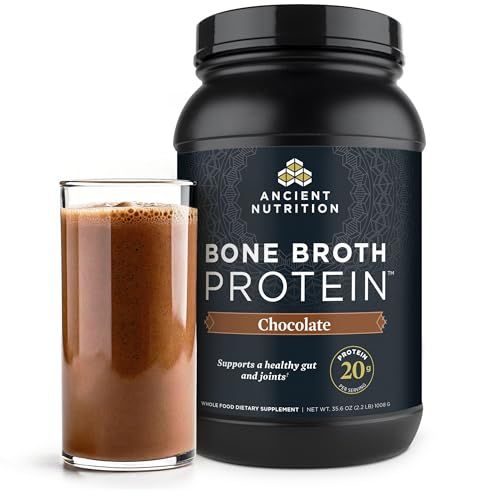 Ancient Nutrition Grass Fed, Cage Free, Bone Broth Protein Powder, 20g Protein, Hydrolyzed Collagen Peptides, Keto Paleo Friendly, Supports Joint, Gut Health, Chocolate, 40 Servings