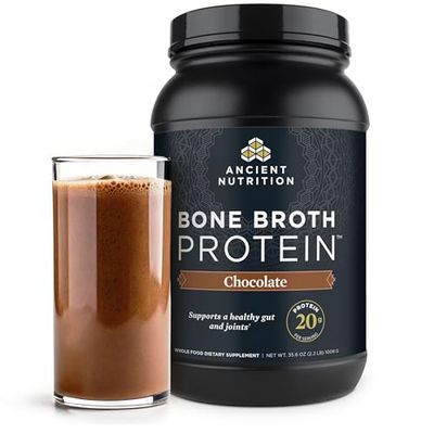 Ancient Nutrition Grass Fed, Cage Free, Bone Broth Protein Powder, 20g Protein, Hydrolyzed Collagen Peptides, Keto Paleo Friendly, Supports Joint, Gut Health, Chocolate, 40 Servings