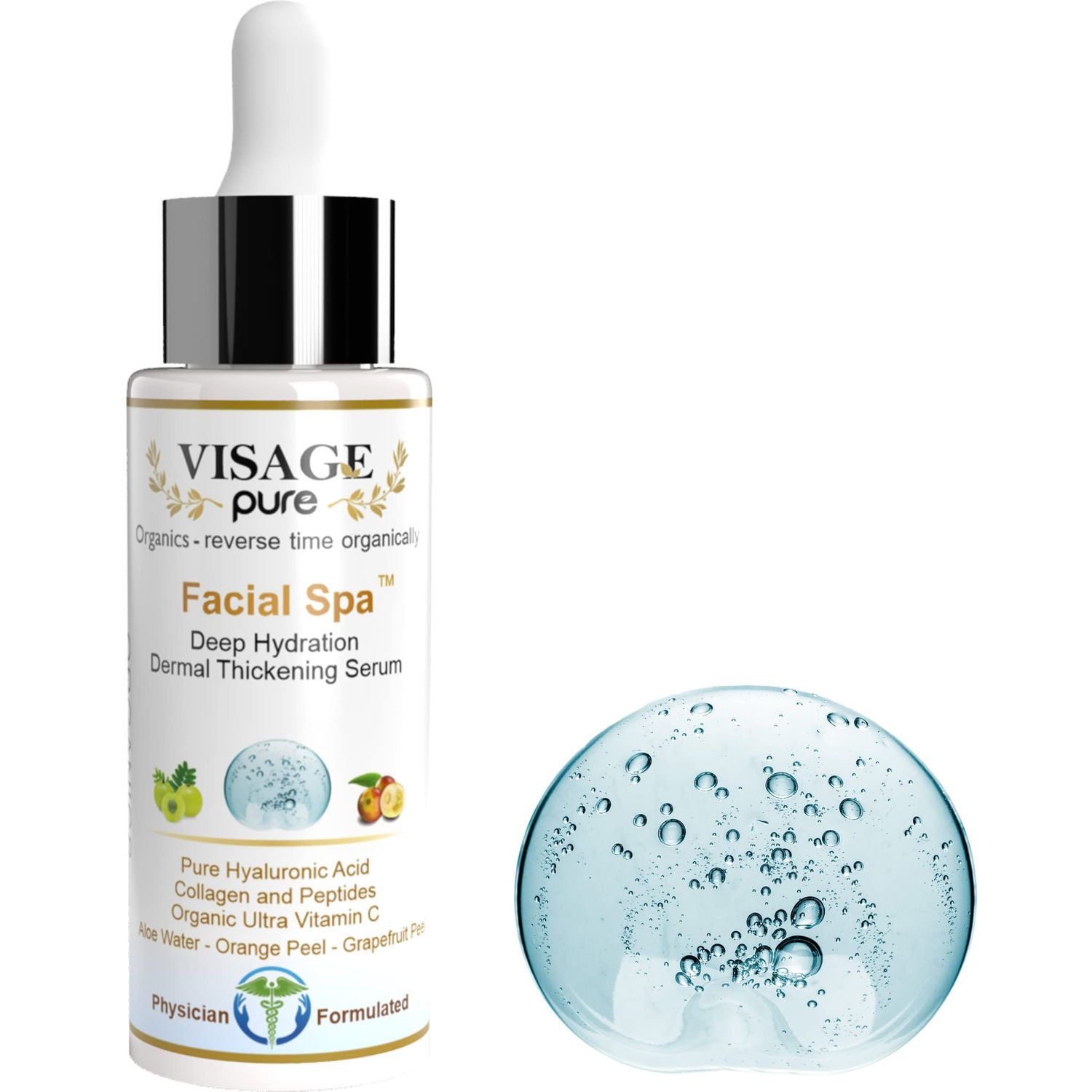 Visage Pure - Facial Spa&quot;Dermal Thickening&quot; Serum - Organic - Physician Formulated - Research Supported - Extra Nutrient and Vitamin C Charged Blend of Collagen, Hyaluronic Acid and Peptides
