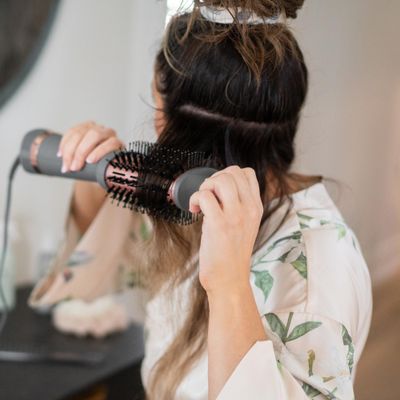 Hairitage Volumizing One Step Blow Dry Brush Hair Dryer for Curling Straightening - Ceramic Tourmaline Blowout Brush Volumizer - Hair Styler for Smooth Shiny, Frizz-Free Styles - Matte Grey
