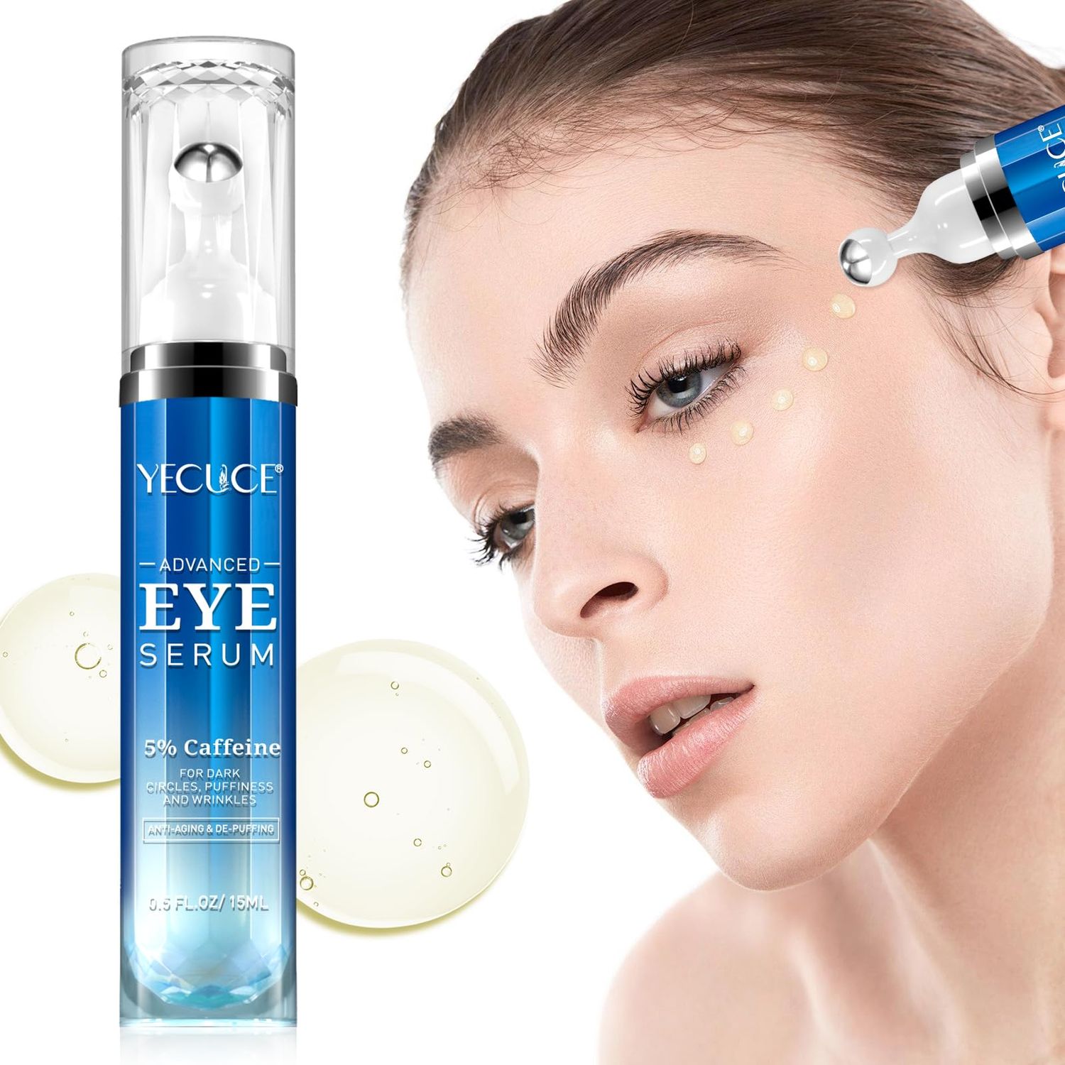 5 Caffeine Eye Serum, Under Eye Roller Cream for Dark Circles, Puffiness, Bags Under Eyes - 360 Massage Ball Cream for Wrinkles, Christmas Gifts for Women (0.5 fl. oz.)