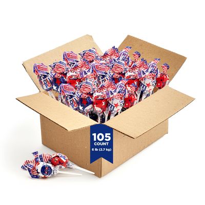 PartyWorks Patriotic Candy - 6 Pound Bulk Pack (105 Count) - 4th of July Lollipops - Red White and Blue Candy - Cherry, Vanilla, Blue Raspberry - Gum Filled Pops