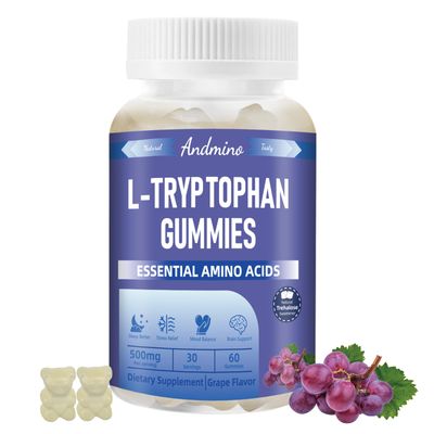 andmino L Tryptophan Gummies 500mg, with Trehalose, for Natural Relaxation Serotonin Support, for Adults Kids, Non-GMO, Vegan, Gluten Free, Grape Flavor, 60