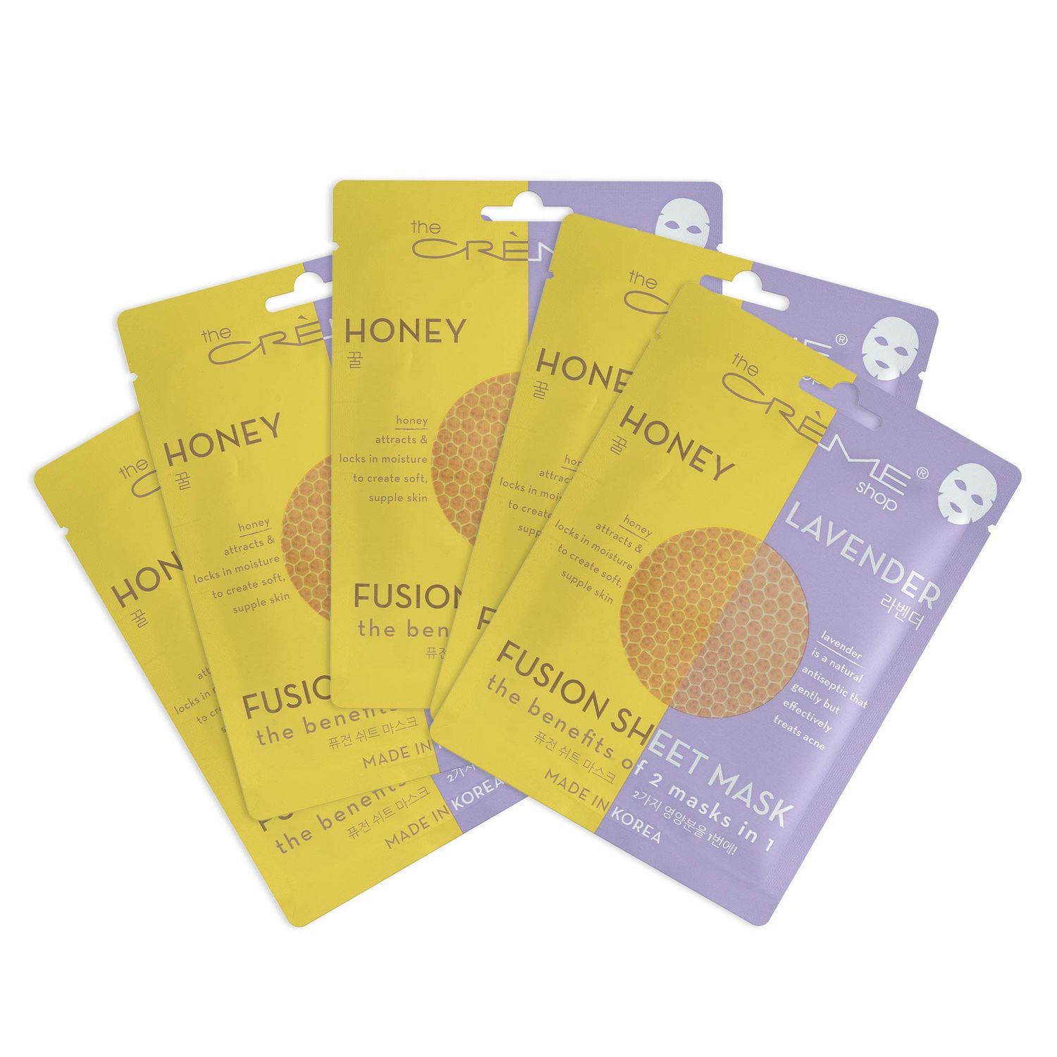 The Crme Shop Sheet Mask, Korean Sheet Mask, Lavender Sheet Mask, 2-in-1 Sheet Mask Pack, Honey Face Mask Sheet with Hyaluronic Acid, Facial Mask Sheets - 5 Pack (Lavender Honey)