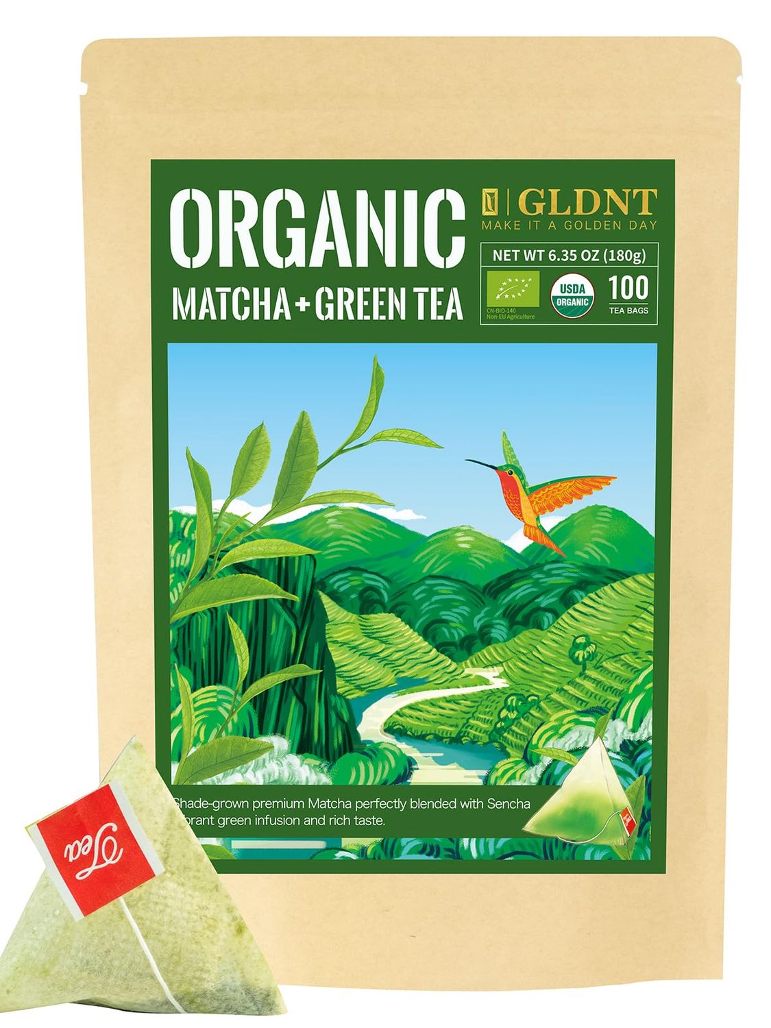 GLDNT Organic Matcha Green Tea Bags, Premium Organic Japanese Matcha Sencha Green Tea, Rich in Antioxidants, Caffeinated, 100 Count