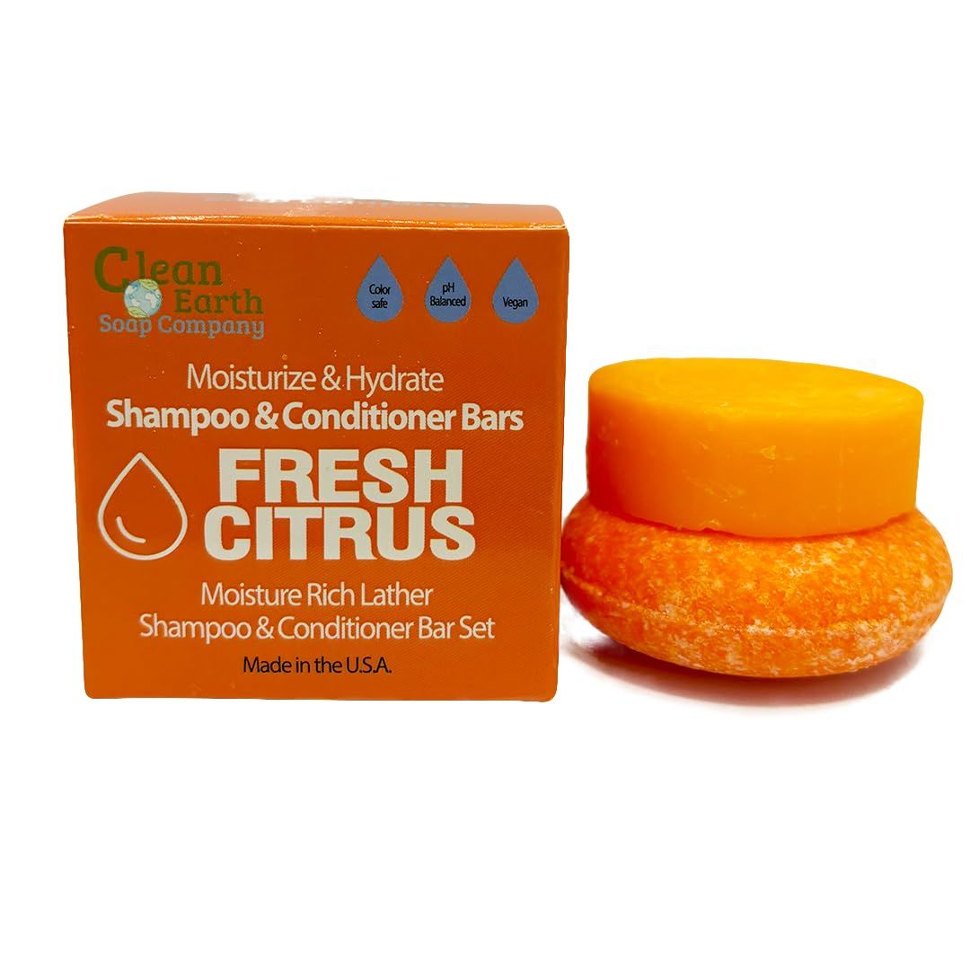 Clean Earth Fresh Citrus Bar Shampoo and Conditioner Set - Moisturizing solid Shampoo bar Conditioner bar adds volume shine. All hair types. 2 pcs