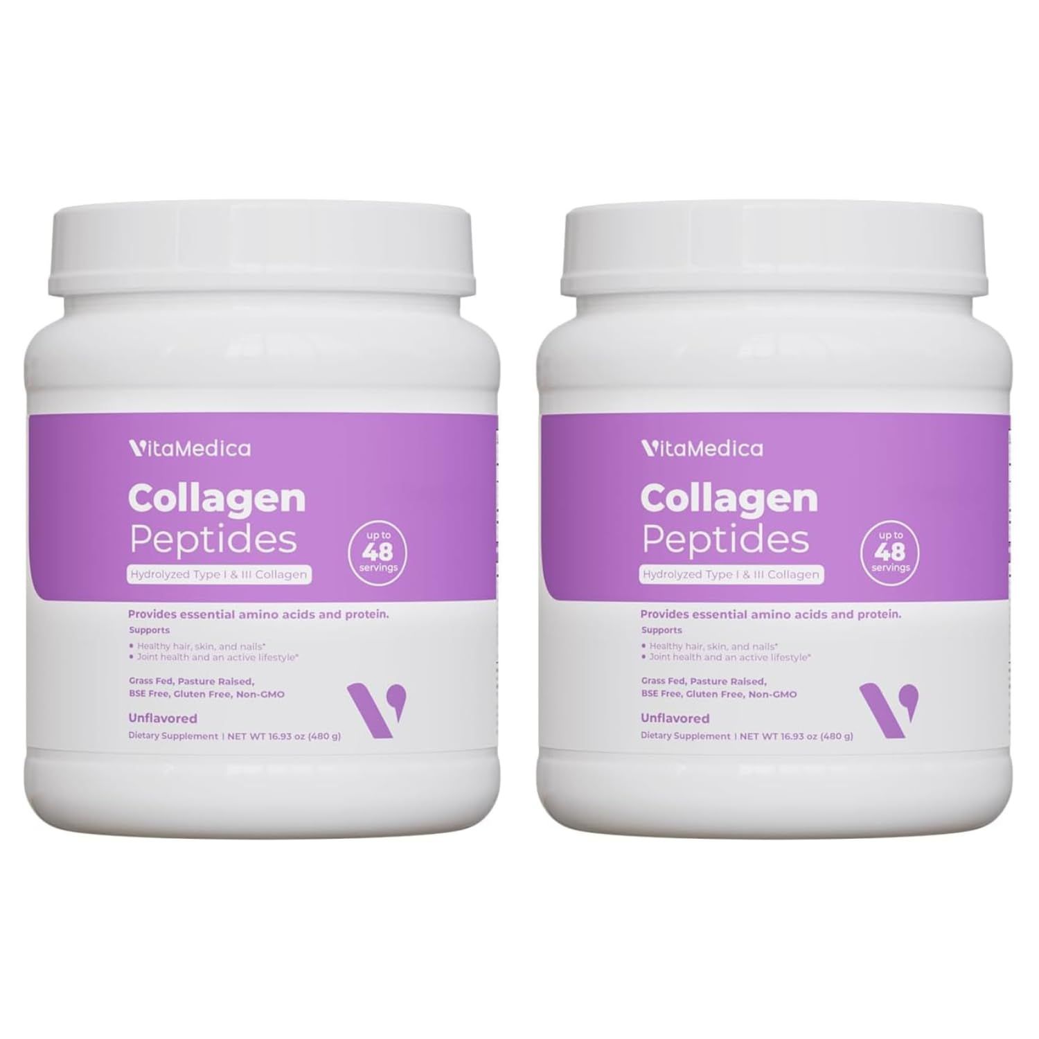 VitaMedica Collagen Peptides Powder for Women Men - Healthy Hair, Skin, Nails, Bones and Joints - Hydrolyzed Types I III, Grass-Fed, Pasture-Raised Protein, Zero Sugar - Pack of 2